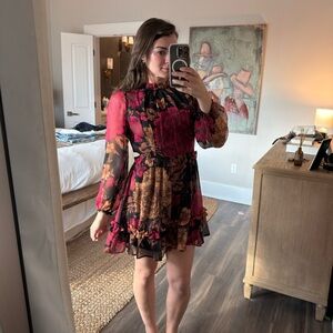 Anthropologie Red and Black Floral Long Sleeve Dress